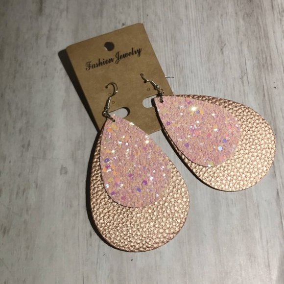 Rose Gold & Pink Faux Leather Teardrop Earrings - Picture 4 of 4